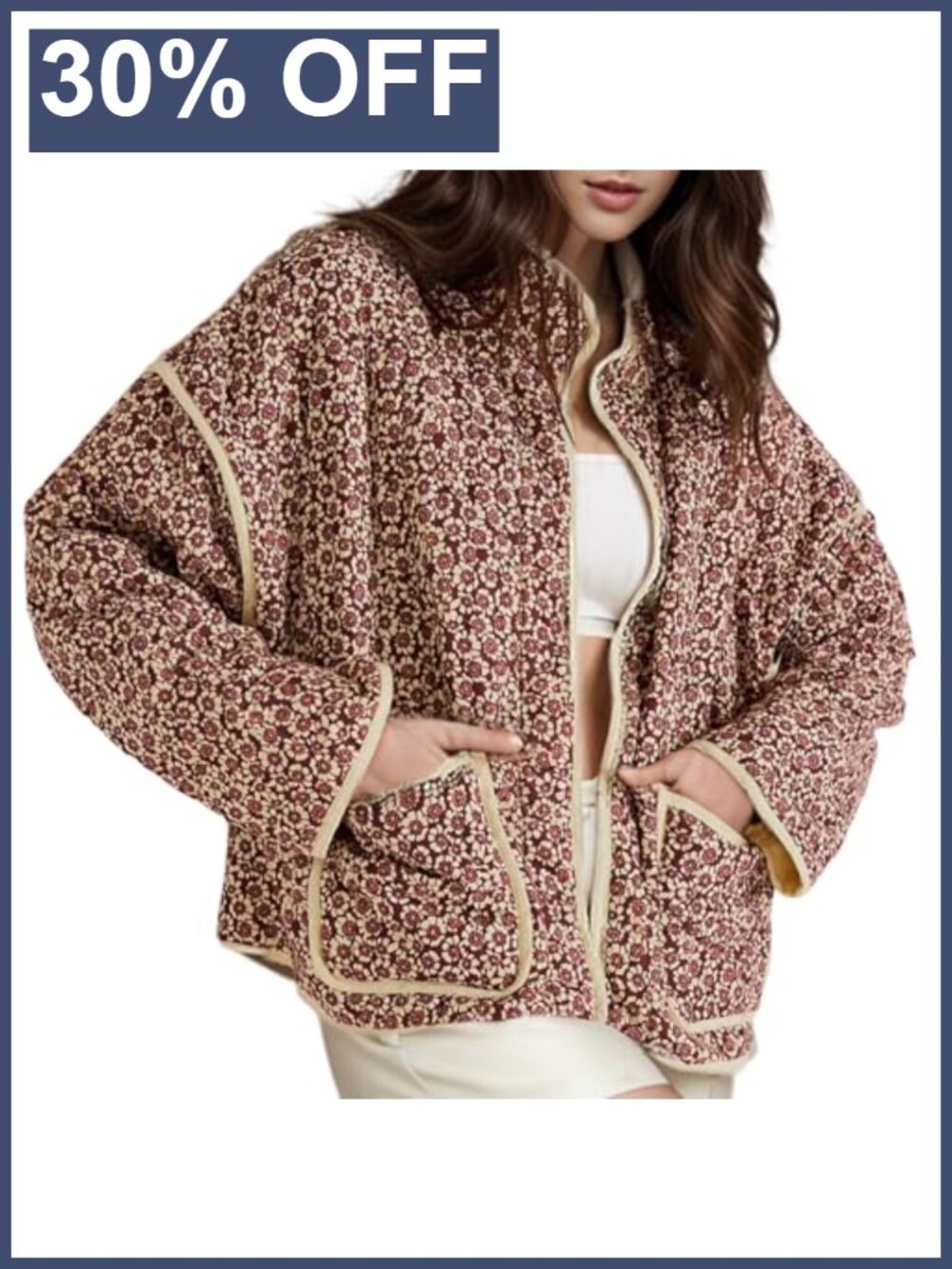 Women's Cropped Quilted Puffer Jacket Floral Print Open Front Long Sleeve